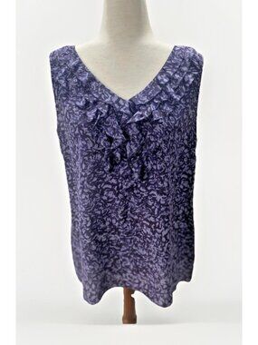 Halogen Women’s Silk Tank Top Size L Purple Floral Ruffle Sleeveless V Neck